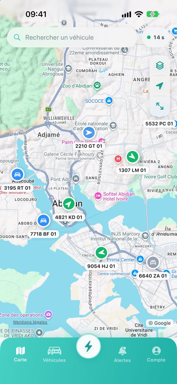 L'application mobile : la carte d'Abidjan, chaque véhicule à sa place